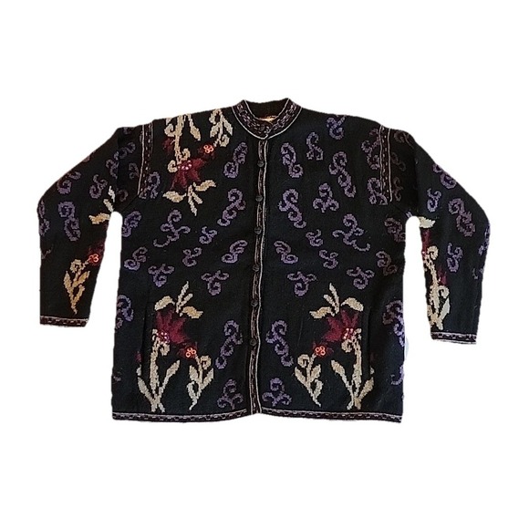 Frost Sweaters - VTG Womens Cardigan Sz PL Black Floral Embroidered Sweater Nordic Scandi Cottage